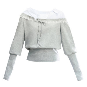 
[Ready stock] Fragile store Korean shirt splicing fake two-piece sweatshirt blue striped pleated skirt suit autumn and winter