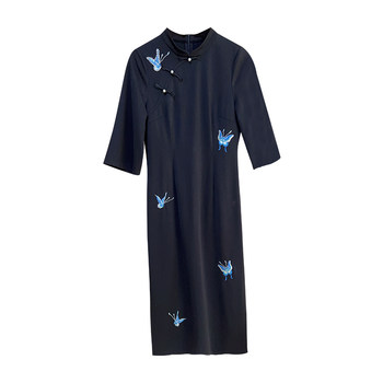 Meet the cheongsam with large-size pearl embroidery Chinese style slim cheongsam
