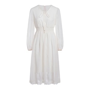 
FIVE PLUS dress for women embroidered V-neck mid-length skirt high waist silk long sleeve date fairy style autumn