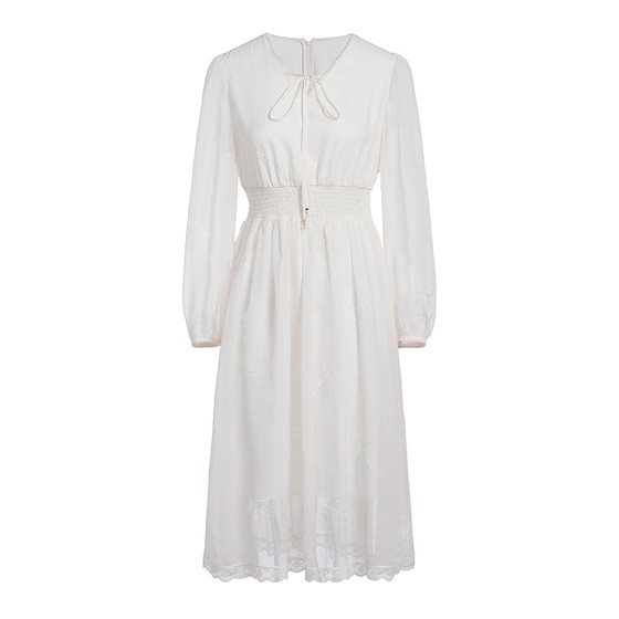 
FIVE PLUS dress for women embroidered V-neck mid-length skirt high waist silk long sleeve date fairy style autumn