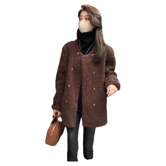 
Fashionable double-breasted fur coat for autumn and winter, new style, high-end, loose and versatile mid-length lamb wool top