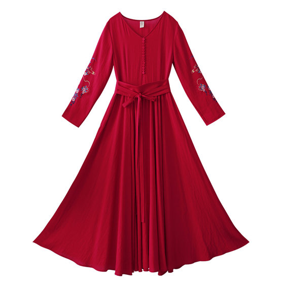 
[Spot] Red long-sleeved dress for women Spring and Autumn 2025 new embroidered high-waist long skirt waist-hugging large skirt