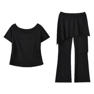 
Plus size women's fat mm slimming slanted shoulder T-shirt suit spring new style irregular micro-flared pants butt curtain two-piece set trendy