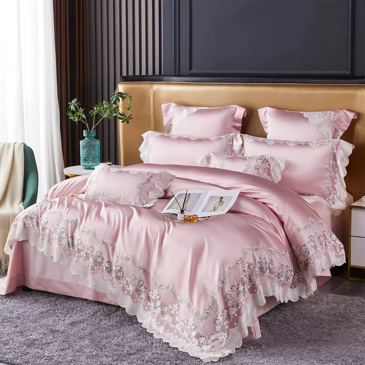 欧式高档全棉婚庆四件套140支真丝棉粉色轻奢蕾丝边裸睡床上用品