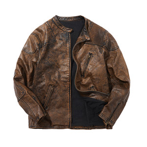 
Nuclear explosion brown stand-alone vegetable tanned head leather jacket zipper retro motorcycle men's genuine leather large size leather jacket