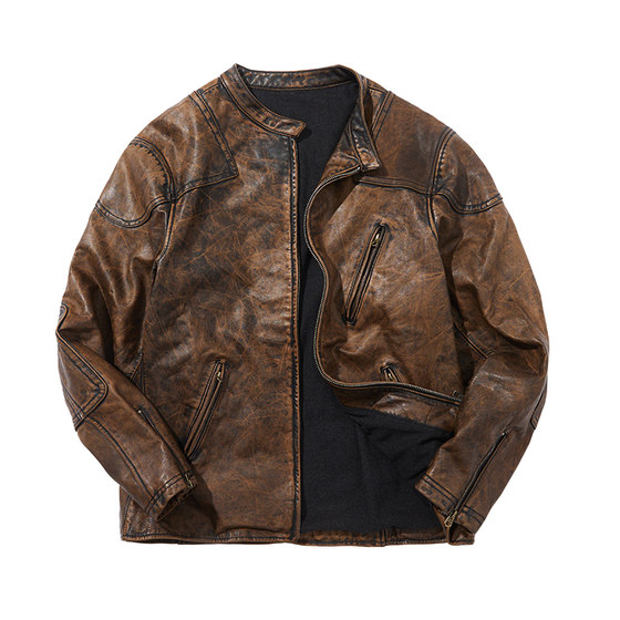 
Nuclear explosion brown stand-alone vegetable tanned head leather jacket zipper retro motorcycle men's genuine leather large size leather jacket
