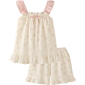 
{Rose Cheese}Retro cool pure cotton pajamas women's summer new anti-bump suspenders sweet home clothes set