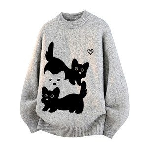 
Charles heart cat print sweater for men and women, spring, autumn and winter loose casual knitted sweater top