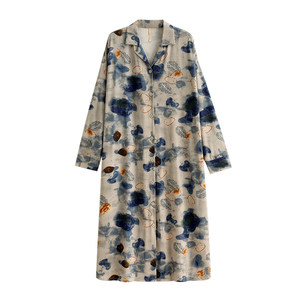 Jialefen nightgown women's pajamas spring and autumn style modal long ice silk long sleeve flower cardigan shirt retro ink painting
