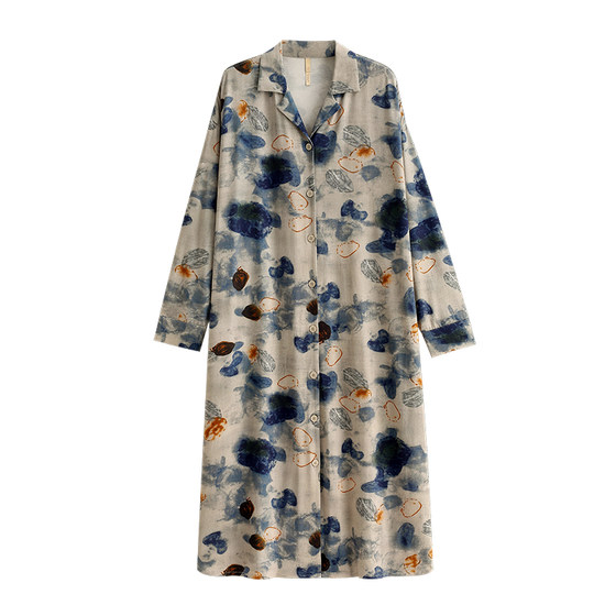 Jialefen nightgown women's pajamas spring and autumn style modal long ice silk long sleeve flower cardigan shirt retro ink painting
