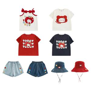 
Youyou Girls Red Apple Series Summer Cat Printed T-shirt Star Applique Embroidered Denim Shorts Multi-piece Set