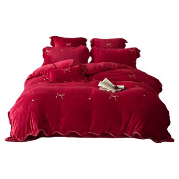 
Small fresh bow embroidered winter milk velvet wedding four-piece set flannel red wedding quilt cover sheets