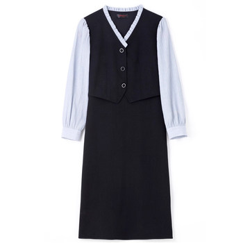 
Qisaqiu New V-neck Horse Clip Long Sleeve Shirt Spliced ​​Fake Two-piece A-line Skirt Large Size Fat MM Dress Mid-length