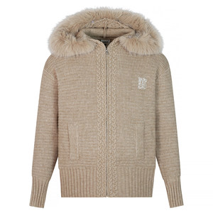 
NVPVVA Korean soft and waxy casual lazy style cable cardigan large fur collar hooded sweater autumn and winter thickened jacket