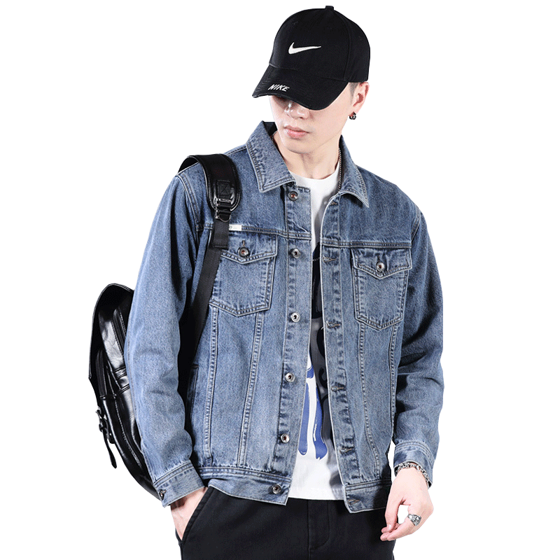 Spring new men's denim jacket trendy brand cool light blue trend spring and autumn loose jacket men's jacket