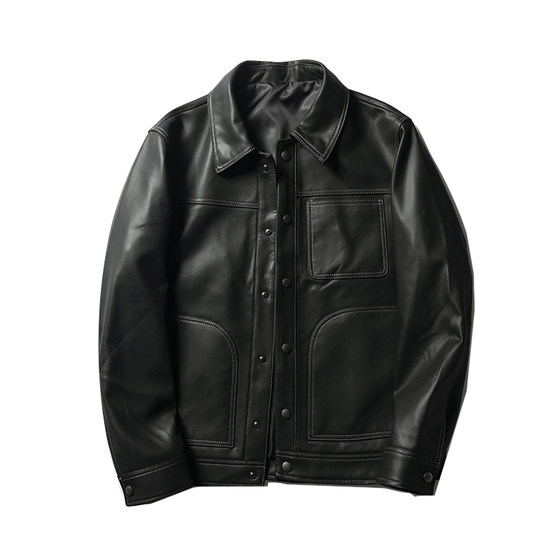 
Handsome and stylish! High-quality sheepskin! Slightly silhouetted spring casual and fashionable lapel leather jacket for men