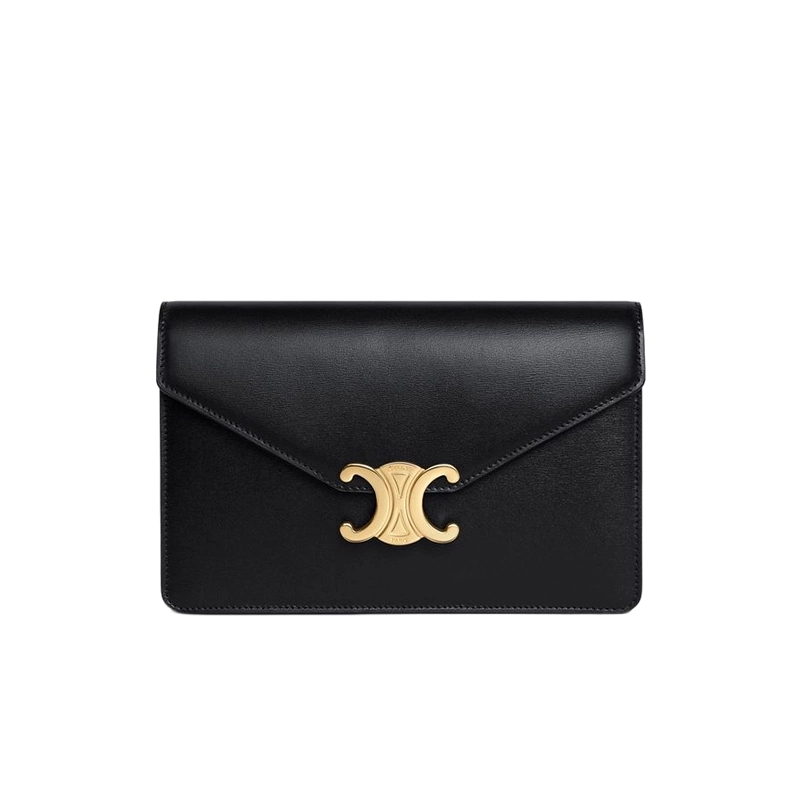 Celine/赛琳2024新款女包黑色TRIOMPHE闪亮小牛皮时尚链条钱包