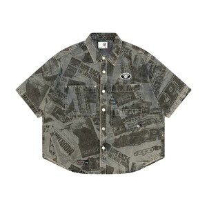 
Aape flagship store men's spring and summer ape badge old newspaper collage distressed denim short-sleeved shirt 8570XAQ