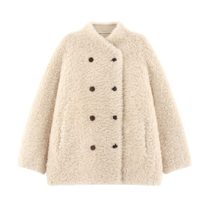
[Wo Xue] Thickened and warm 100 sheep wool retro double-breasted mid-length all-in-one fur coat-16125