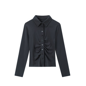 Waist, thin elastic long -sleeved JK shirt female pure want to spicy girl slim folds, gray shirt, wild school sister top