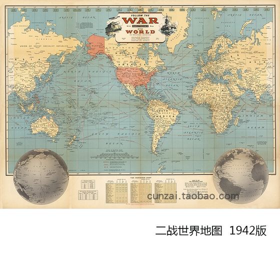 二战World地图1942年版 大尺寸幅面复古战争军事迷装饰壁挂画芯心