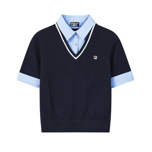 
FILA official women's knitted sweater 2026 summer new fashion fake two-piece stitching contrasting color polo short-sleeved top