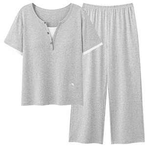芬腾可安睡衣女款2026新款夏季纯棉带胸垫短袖长裤浅灰家居服夏天