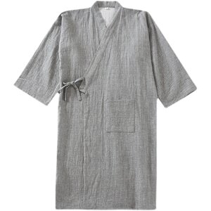 Summer thin young cotton double -layer gauze robe men's middle long yuke and wind sweater bathrobe very flat and simple