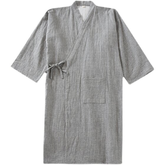 Summer thin young cotton double -layer gauze robe men's middle long yuke and wind sweater bathrobe very flat and simple