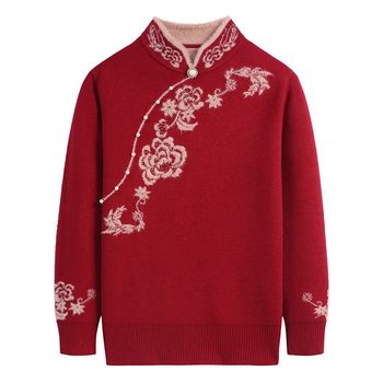 Mommy style cheongsam collar sweater with thick velvet
