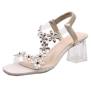 
Rhinestone Sandals 2026 New Women's Summer Internet Celebrity Crystal Thick Heel Fashion Medium Heel Fairy Style Transparent High Heels