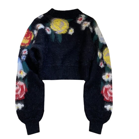 
Spring new mohair European Heavy Industry Black Jacquard Pullover Long Sleeve Sweater Women's Bat Sleeve Short Knitted Sweater