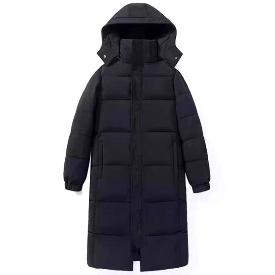 
Black medium-length hooded down jacket for women, long knee-length winter 2025 new Korean style loose men's and women's couple jackets