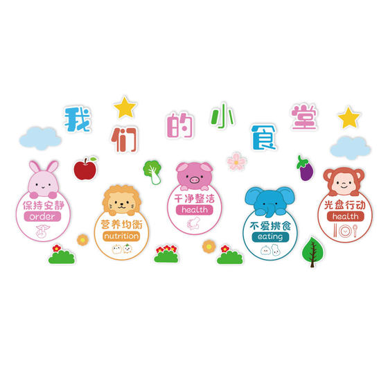 
Kindergarten canteen small dining table kitchen cultural care class food saving restaurant food education square environmental innovation theme wall decoration
