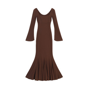 Pleasant and happy Square neck long sleeve fishtail dress for women in spring temperament high-end slim fit step-by-step lotus long skirt
