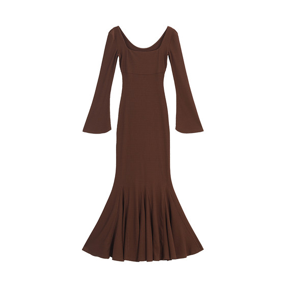 Pleasant and happy Square neck long sleeve fishtail dress for women in spring temperament high-end slim fit step-by-step lotus long skirt
