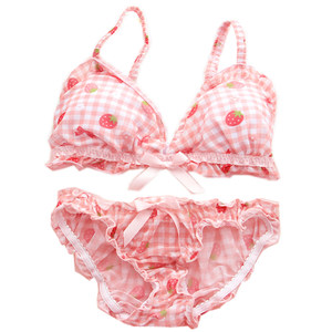 Strawberry plaid underwear sleeve girl Japanese cute little breast without steel ring bra soft girl sweet student text bra