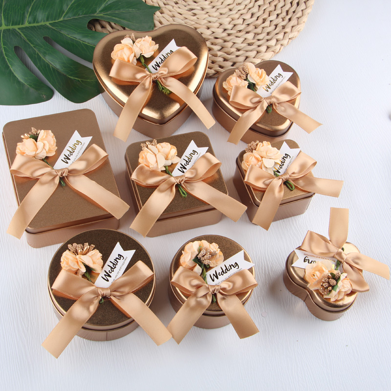 欧式马口铁盒创意INS风森系圆形金色礼品盒结婚糖果包装定制卡片