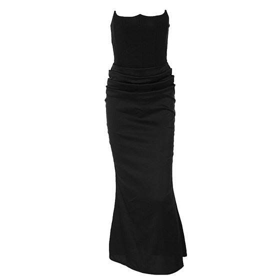 
European and American style sexy one-length strapless dress for women with zipper on the back pleated high waist slim fit and over-knee long skirt