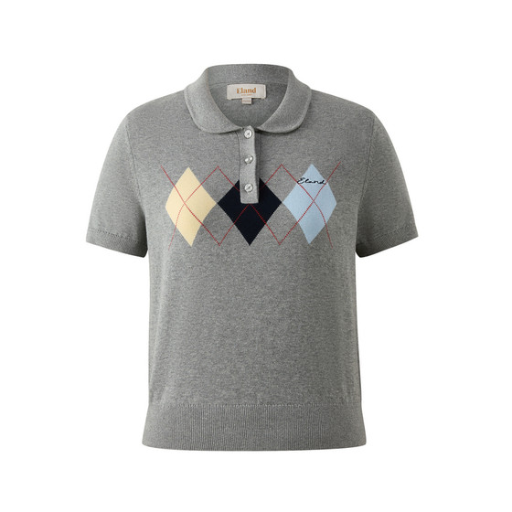 
[100% cotton] Eland sweater feminine short-sleeved contrasting diamond knitted T-shirt 2026 spring and summer new style