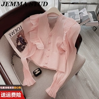 Весенняя ретро розовая шифоновая рубашка, трикотажный топ, французский стиль, V-образный вырез, длинный рукав