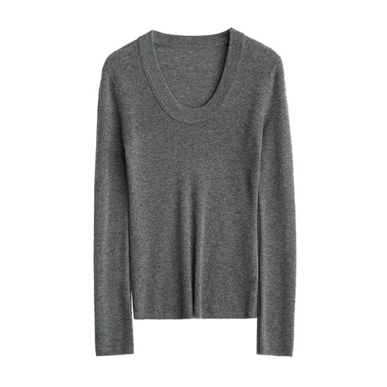 Early Spring Double-ply 48-count yarn Women's U-neck long-sleeved bottoming shirt Stretch knitted thin sweater Women's clothing