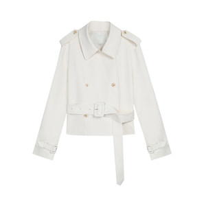 
pusumede detachable belt, sleeve loops, lapel short windbreaker, feminine, right-shoulder, petite coat