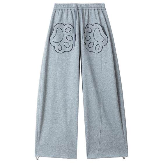 
KEIKO [Embroidery] Cute cat claw pocket gray sweatpants for women 25 autumn sports and casual scimitar wide-leg pants
