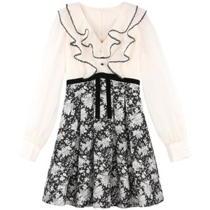 [Clearout price] French style lace chiffon dress for women with ruffled V-neck high waist skirt and high-end skirt