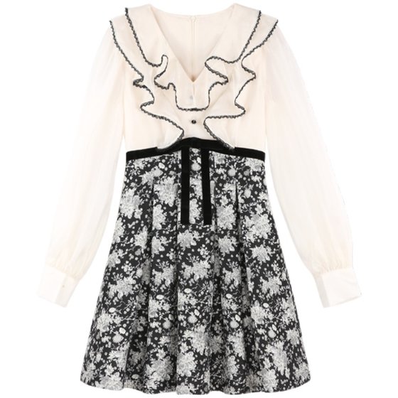 [Clearout price] French style lace chiffon dress for women with ruffled V-neck high waist skirt and high-end skirt