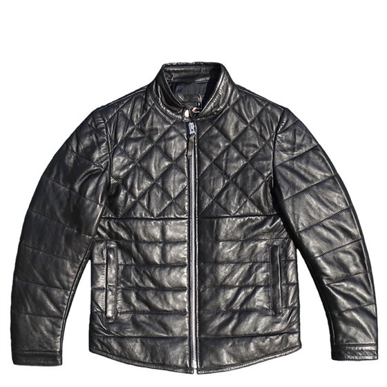
Only 30 pieces! Diamond stitch quilted stand collar first layer sheep leather genuine leather jacket for men to keep warm and keep out the cold, slim fit