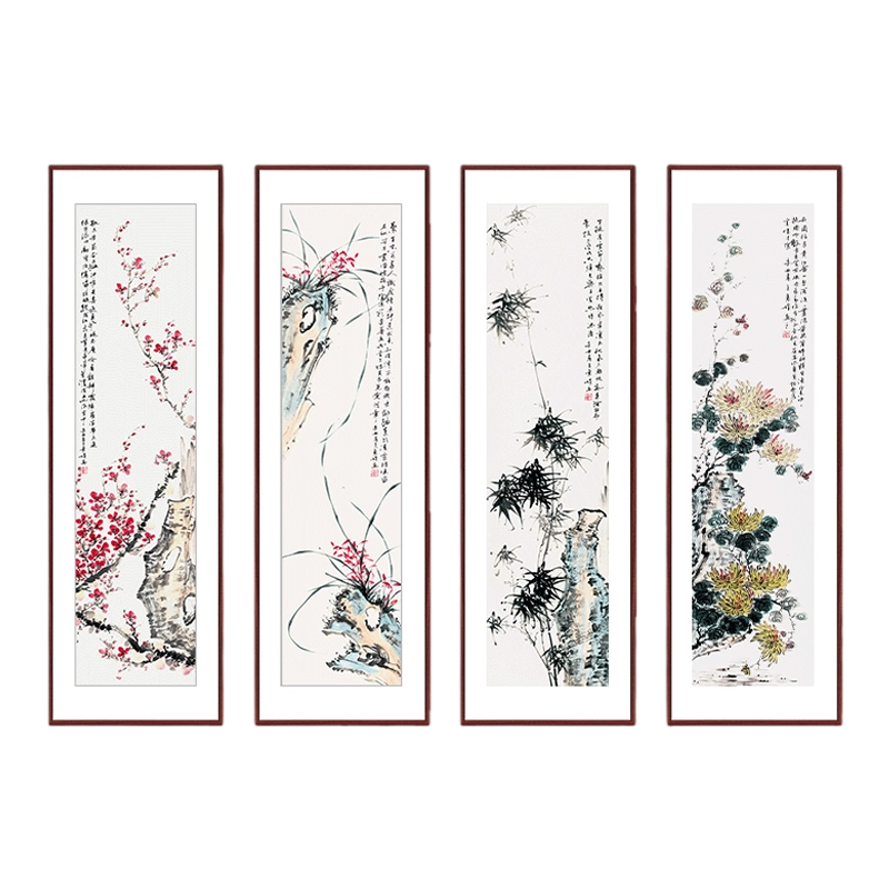 純手繪梅蘭竹菊國畫花鳥掛畫四條屏新中式客廳沙發