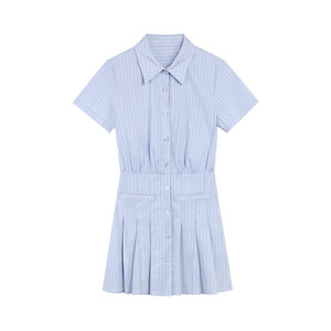 
pusumede [25% off in stock] Striped short-sleeved shirt dress women's A-line skirt pleated skirt