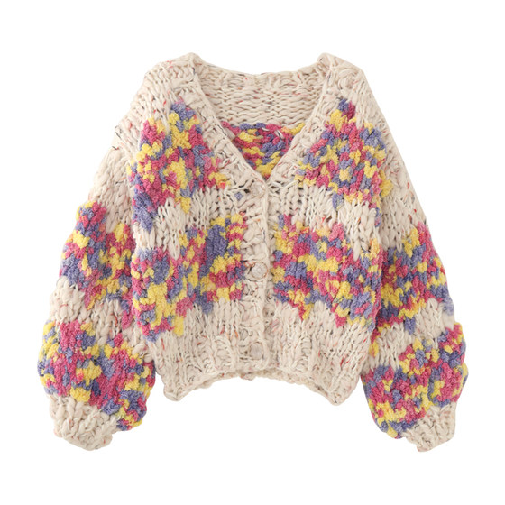 
MMC European French retro heavy industry fully handmade thick needle stick needle loose thickened V-neck knitted cardigan jacket for women